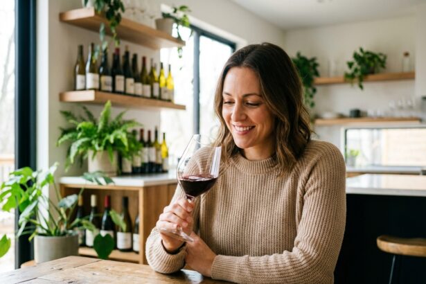 Femme souriante dégustant un verre de vin à la maison