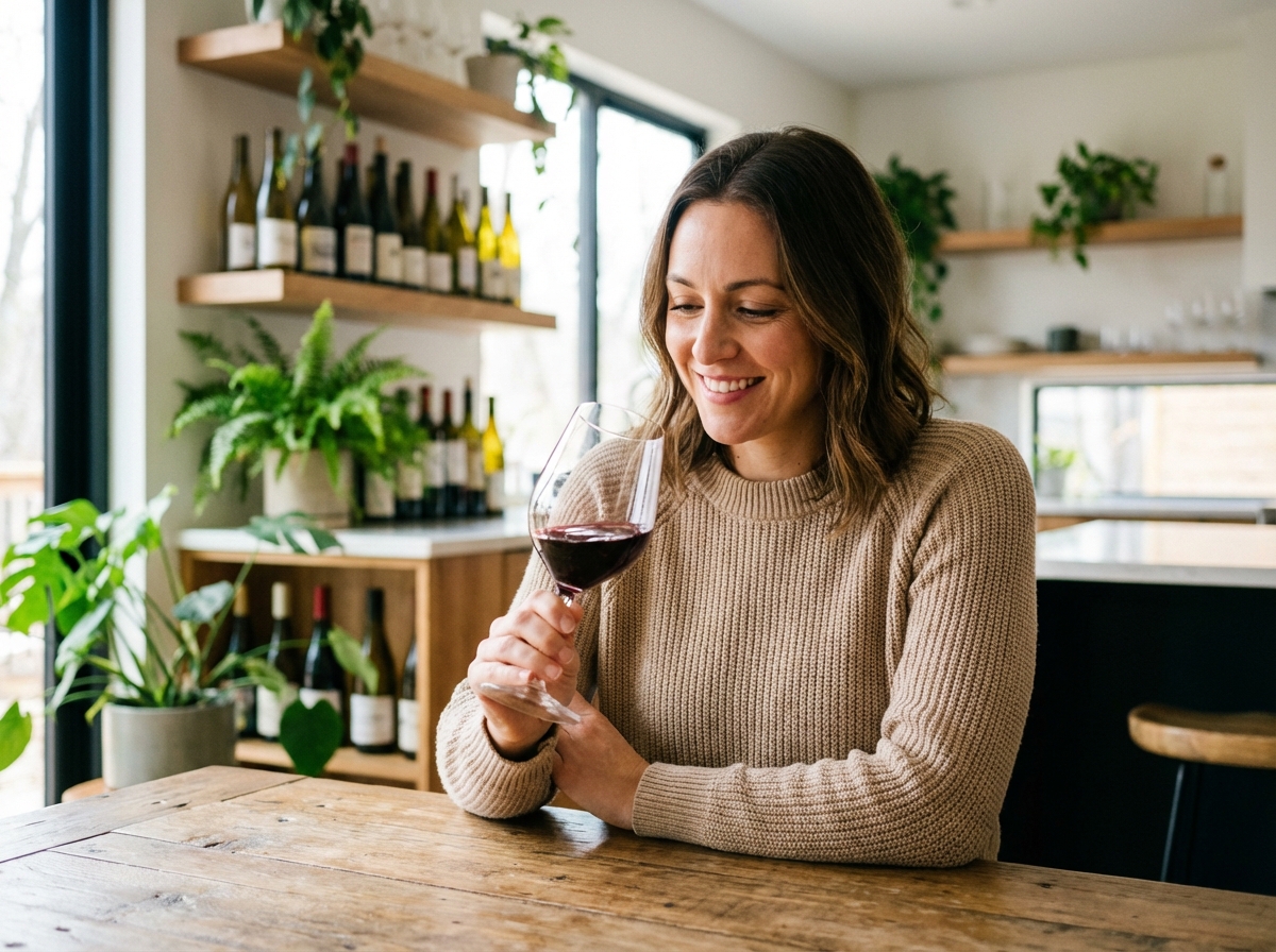 Femme souriante dégustant un verre de vin à la maison