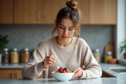 Femme préparant un bol de yogourt aux fruits dans une cuisine chaleureuse