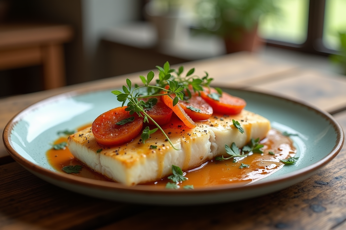 Filet de cod garni de chorizo croustillant et herbes fraîches