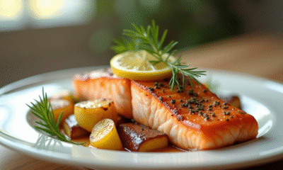 Filet de saumon cuit avec citron et aneth sur assiette