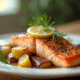 Filet de saumon cuit avec citron et aneth sur assiette