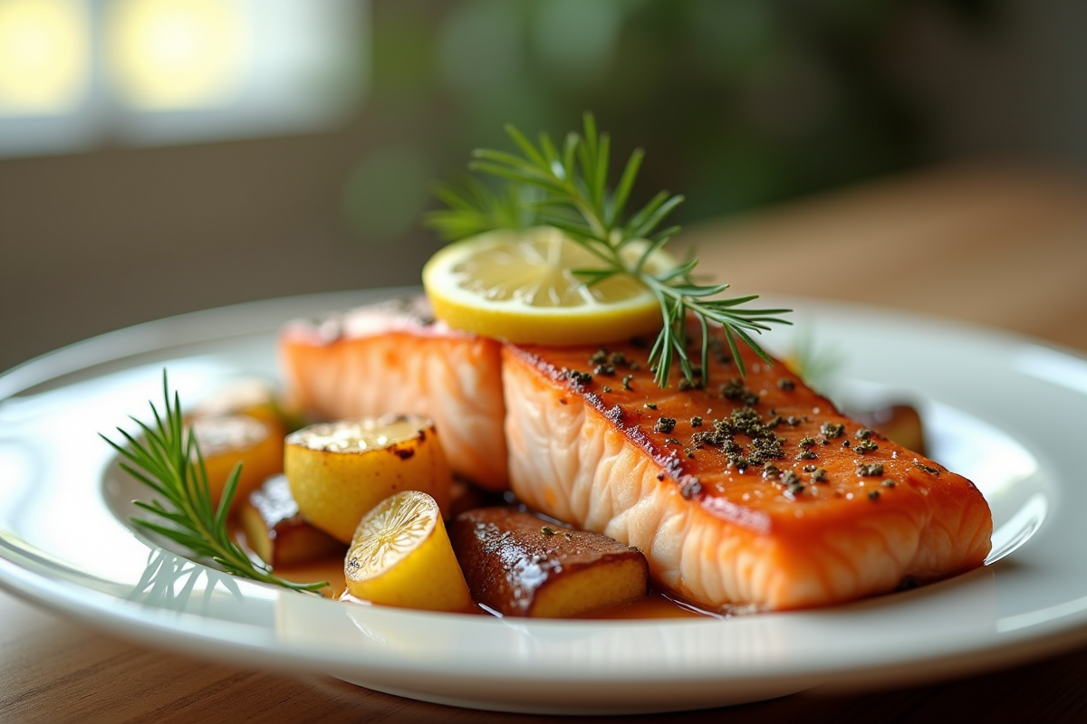 Filet de saumon cuit avec citron et aneth sur assiette