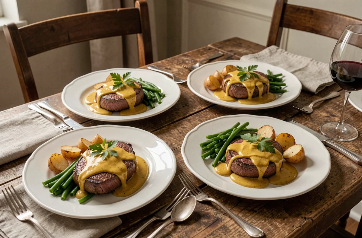 Quatre assiettes de filet mignon à la moutarde dressées sur une table rustique pour un dîner en famille