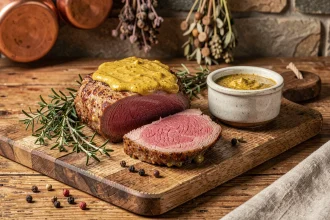 Filet mignon à la moutarde tranché sur une planche en bois rustique avec une sauce moutarde maison dans un ramequin
