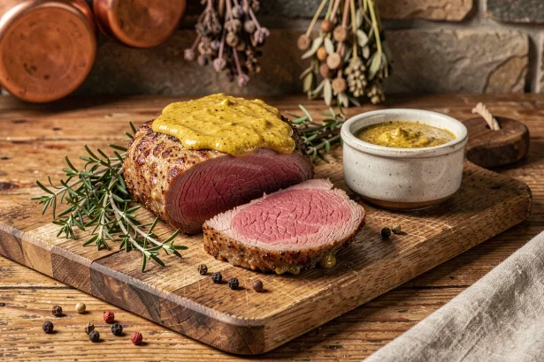 Filet mignon à la moutarde tranché sur une planche en bois rustique avec une sauce moutarde maison dans un ramequin