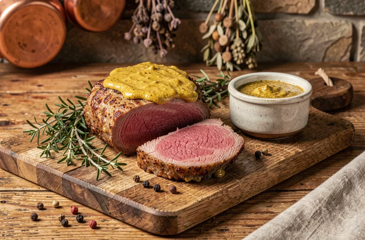 Filet mignon à la moutarde tranché sur une planche en bois rustique avec une sauce moutarde maison dans un ramequin