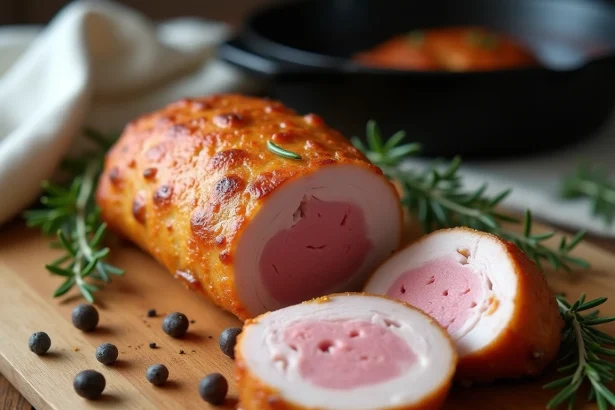 Filet mignon de porc tranché sur une planche en bois révélant une cuisson rosée parfaite, garni de thym frais