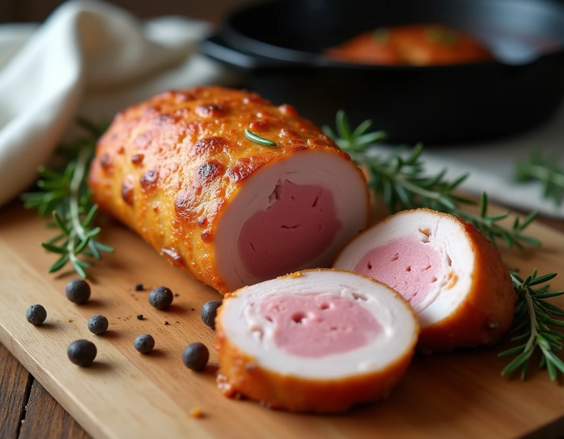 Filet mignon de porc tranché sur une planche en bois révélant une cuisson rosée parfaite, garni de thym frais