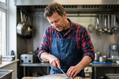 Homme en cuisine filant un truite avec précision
