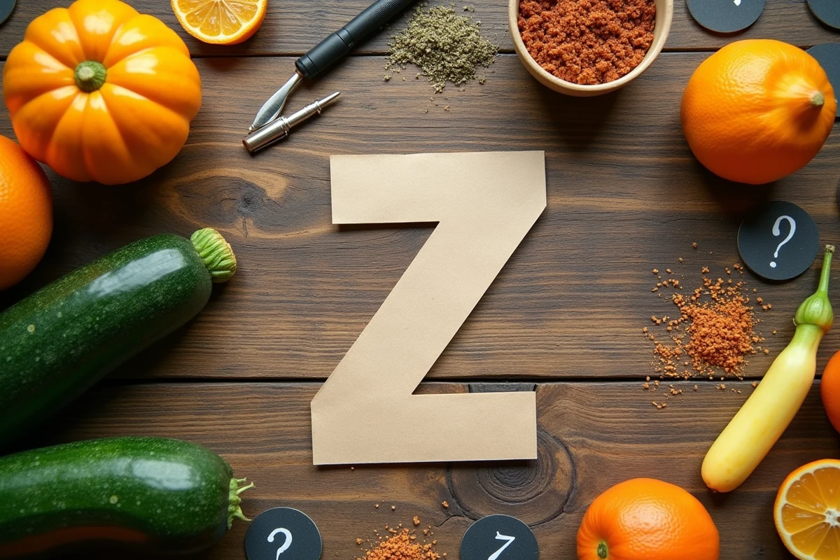 Composition vue du dessus de légumes commençant par Z avec des fiches de quiz en papier sur une table en bois pour illustrer un blind test culinaire