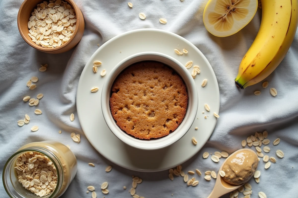 Vue de dessus d'une mise en scène de gâteau flocon d'avoine au micro-ondes avec ingrédients sains, cuillère en bois et fiche recette sur nappe en lin gris
