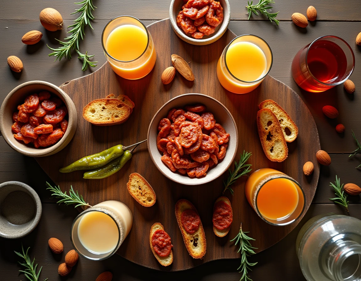 Vue aérienne d'un apéritif estival avec plusieurs verres de Ricard et un assortiment de tapas du Sud sur une table en bois rustique