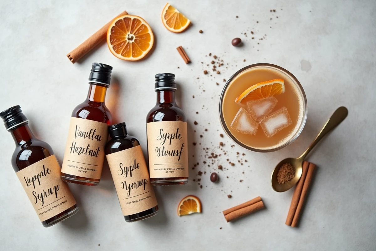 Vue de dessus de bouteilles de sirops aromatisés artisanaux, un cocktail café glacé et épices sur surface en pierre grise