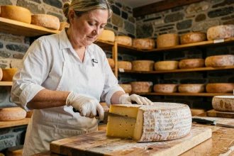 Fromagère découpant une meule de Beaufort au couteau dans une fromagerie traditionnelle alpine
