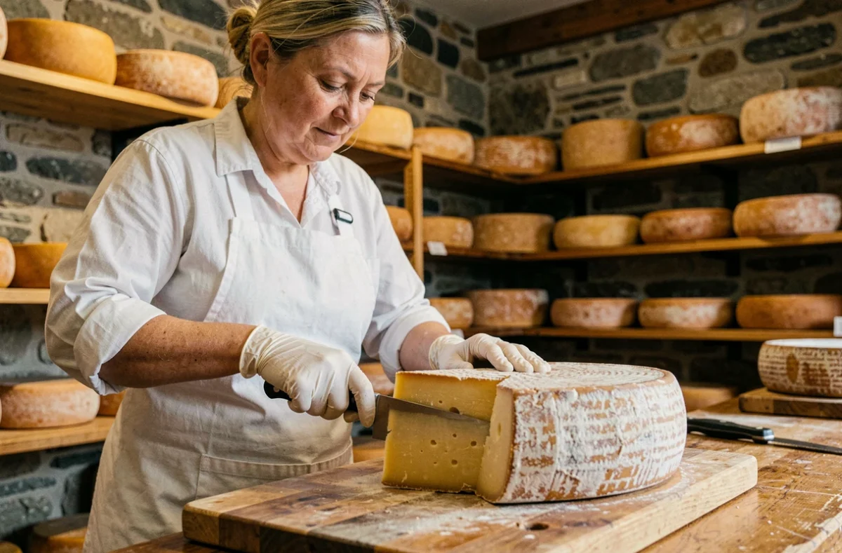 Fromagère découpant une meule de Beaufort au couteau dans une fromagerie traditionnelle alpine