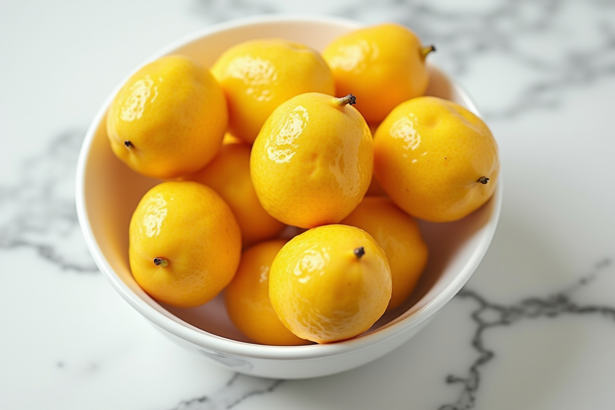 Fruits Uletter dans un bol moderne sur comptoir en marbre blanc