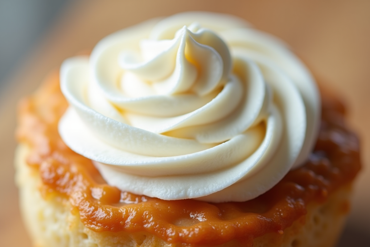 Garniture de crème fouettée délicatement dressée sur une pâtisserie