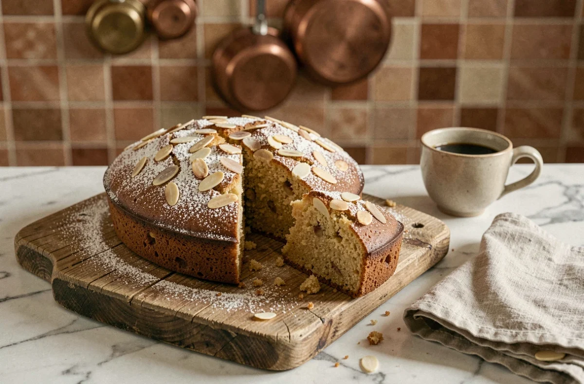Gâteau aux amandes rustique posé sur une planche en bois avec une tasse d'expresso dans une cuisine italienne