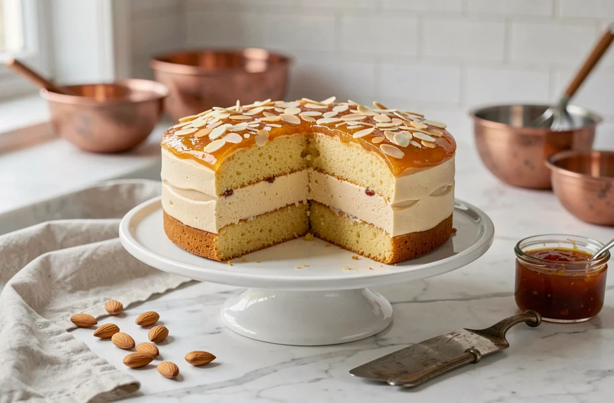 Gâteau Amandin maison présenté sur un présentoir en céramique blanche avec une coupe révélant les couches de crème aux amandes et de biscuit moelleux