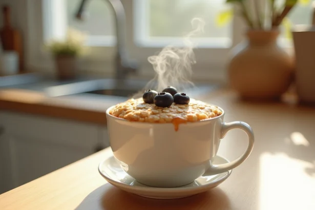Gâteau flocon d'avoine au micro-ondes dans une tasse blanche avec myrtilles fraîches et filet de miel, sur un plan de travail en bois clair