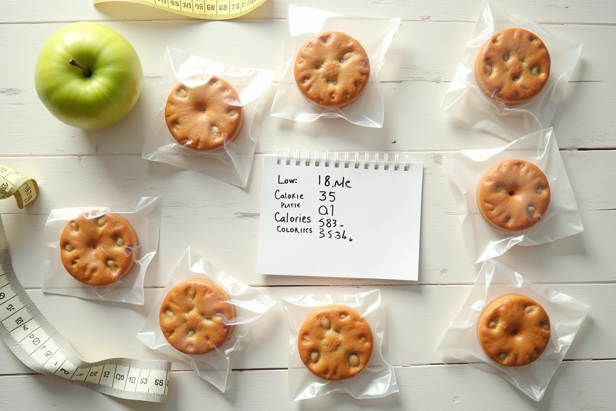 Vue du dessus de gâteaux industriels peu caloriques avec ruban à mesurer et pomme verte sur table en bois