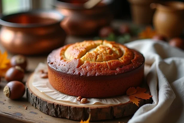 Gâteau aux marrons cuit à la vapeur posé sur une planche en bois rustique, entouré de châtaignes et de feuilles d'automne dans une cuisine campagnarde