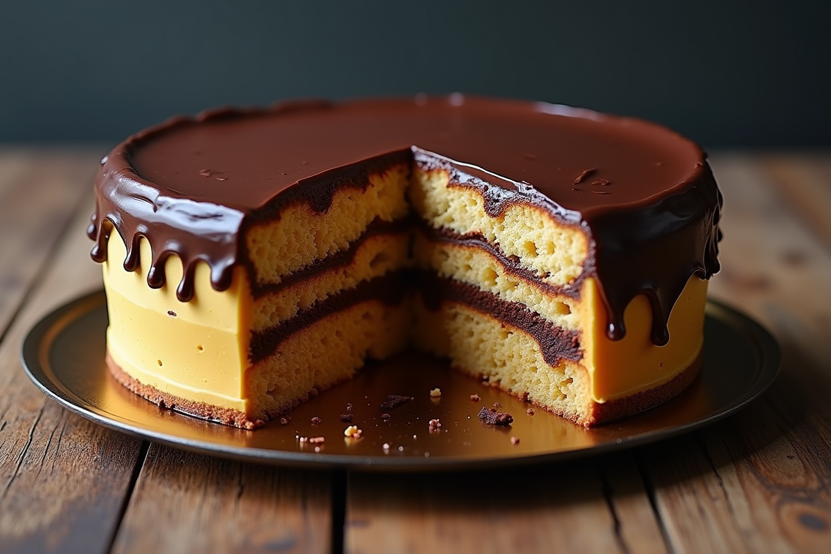 Gâteau opera raté avec couches inégales sur surface en bois