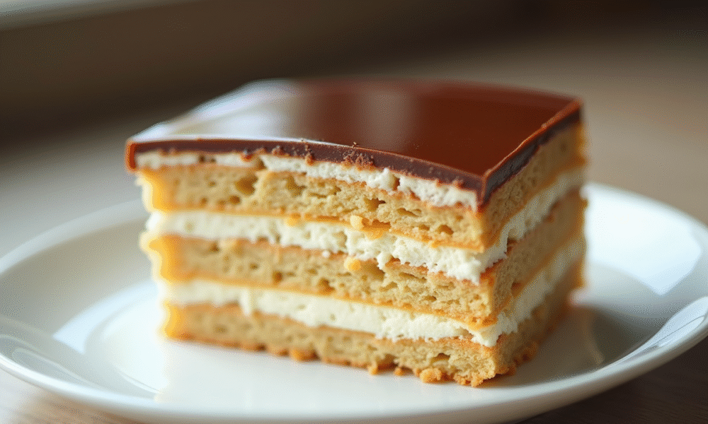 Gâteau opera parfaitement tranché sur assiette blanche