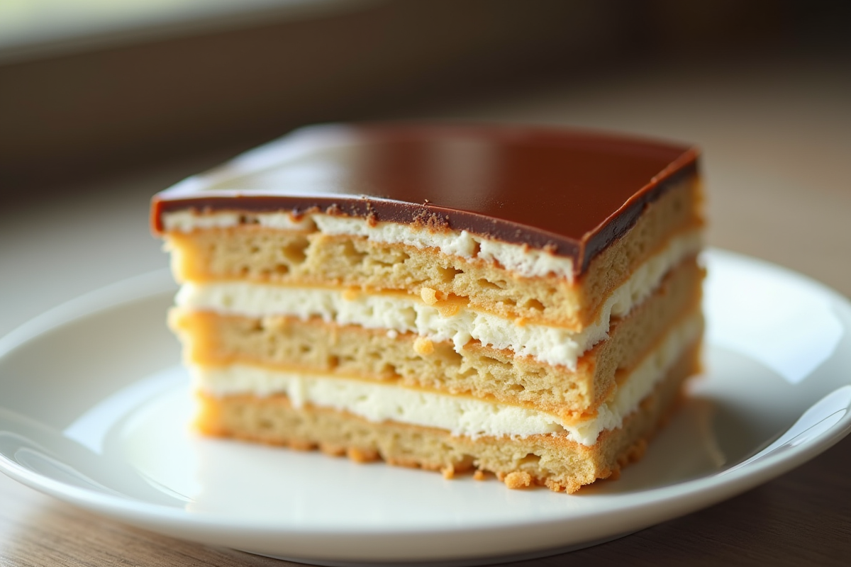 Gâteau opera parfaitement tranché sur assiette blanche