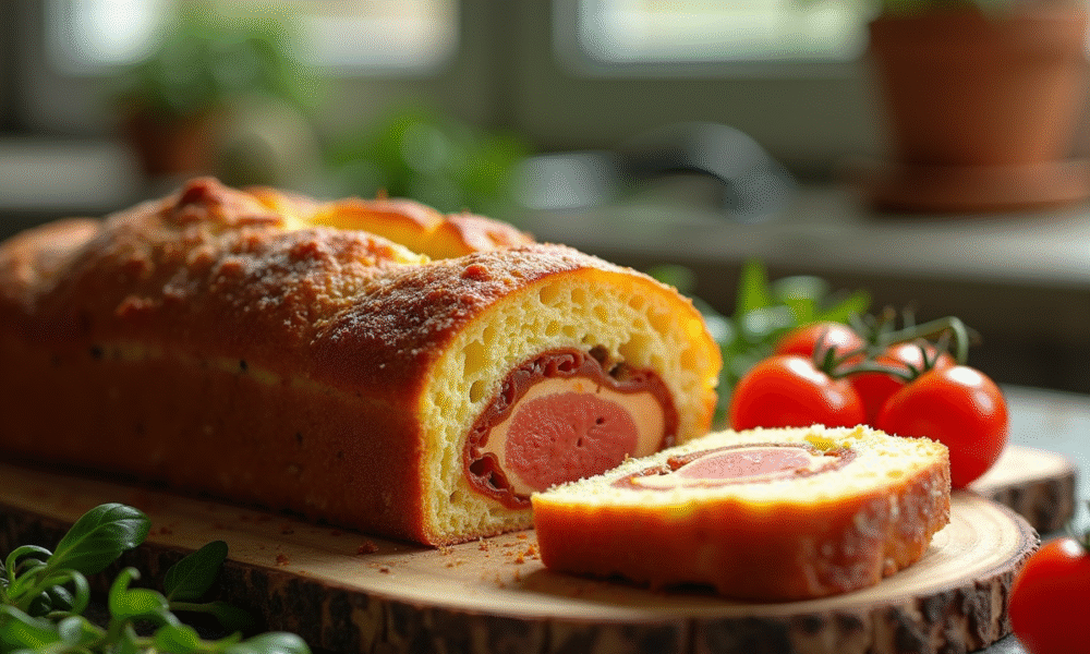 Gâteau salé au chorizo tranché sur planche en bois