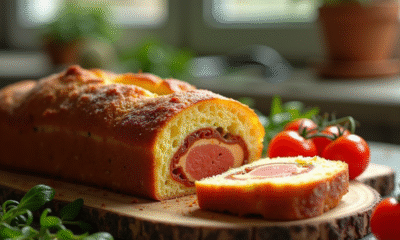 Gâteau salé au chorizo tranché sur planche en bois