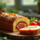 Gâteau salé au chorizo tranché sur planche en bois