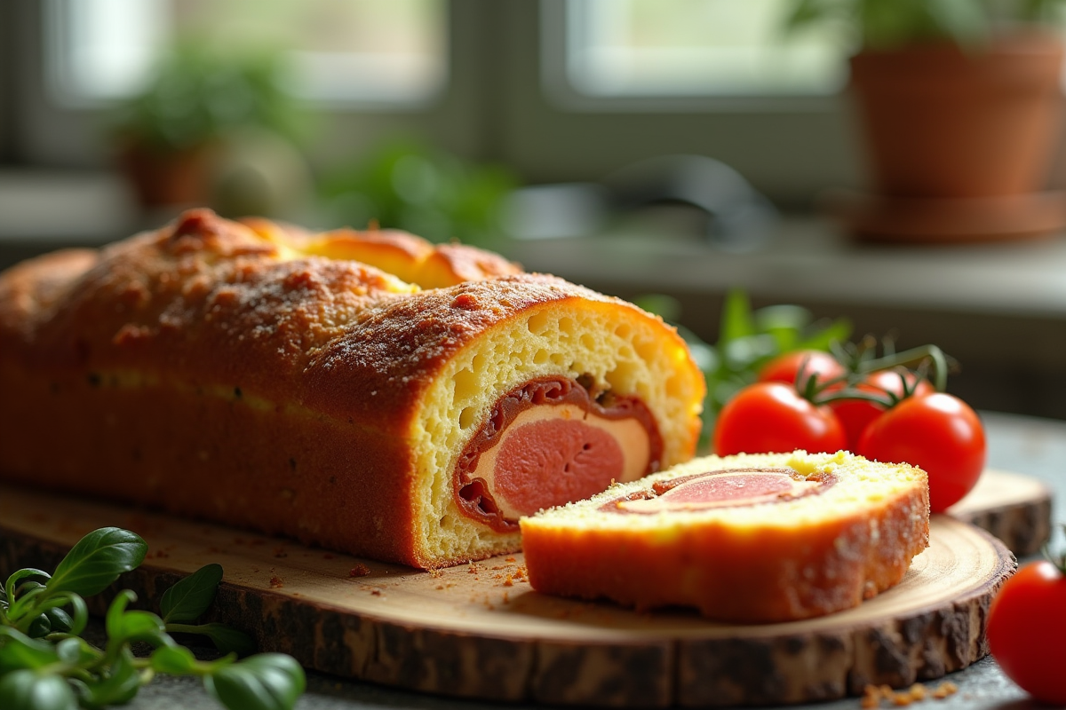 Gâteau salé au chorizo tranché sur planche en bois