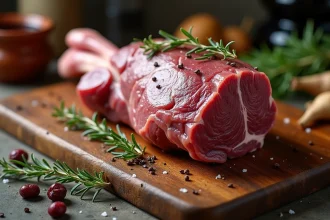 Gigot de chevreuil entier assaisonné aux herbes fraîches et baies de genièvre sur planche en chêne rustique, prêt pour une cuisson basse température