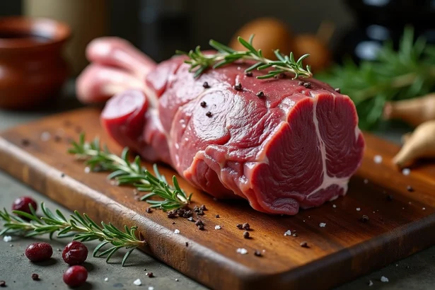 Gigot de chevreuil entier assaisonné aux herbes fraîches et baies de genièvre sur planche en chêne rustique, prêt pour une cuisson basse température
