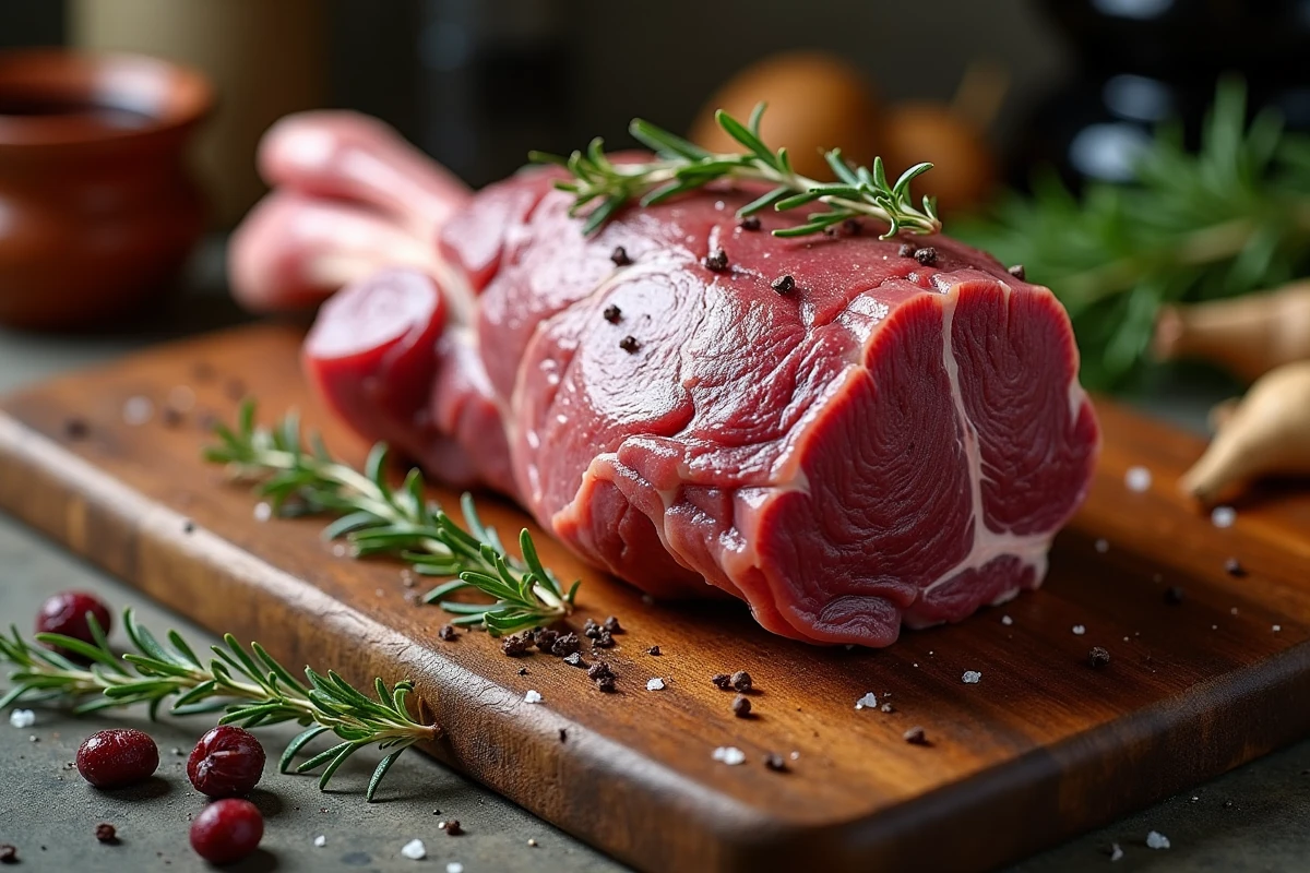 Gigot de chevreuil entier assaisonné aux herbes fraîches et baies de genièvre sur planche en chêne rustique, prêt pour une cuisson basse température