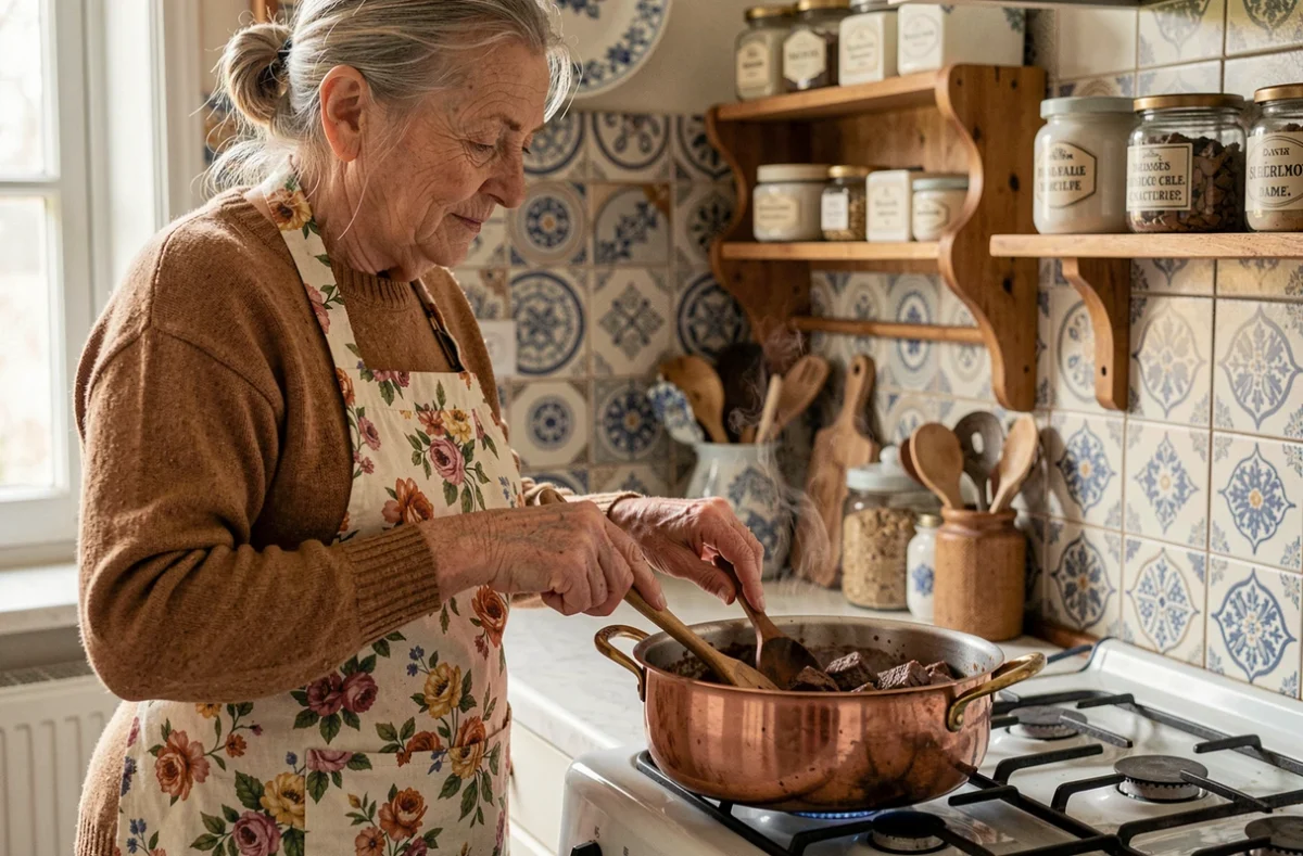 Grand-mère belge en tablier fleuri remuant une carbonade flamande mijotant dans une vieille cuisine traditionnelle