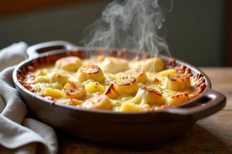 Gratin de chou-fleur et pomme de terre doré et gratiné sorti du four dans un plat en céramique ovale posé sur une table en bois