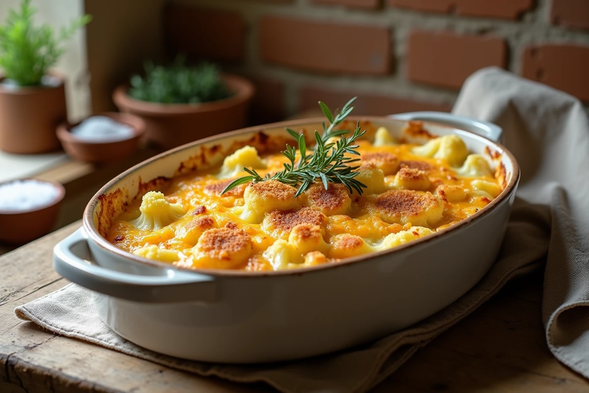 Gratin de chou fleur et pommes de terre doré et gratiné dans un plat en céramique rustique posé sur une table en bois dans une cuisine campagnarde