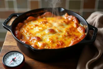 Gratin dauphinois doré et croustillant sorti du four à 200 degrés dans un plat en fonte vintage