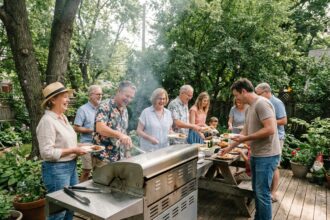 Groupe d'amis souriants autour d'un barbecue en été