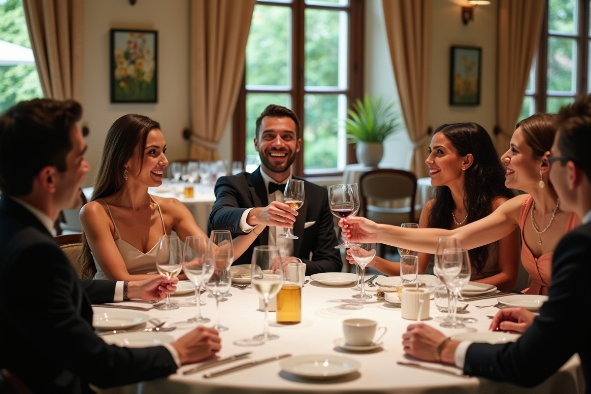 Groupe d invités trinquant dans un restaurant étoilé