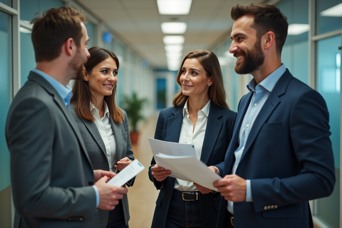 Groupe de collègues discutant dans un couloir de bureau