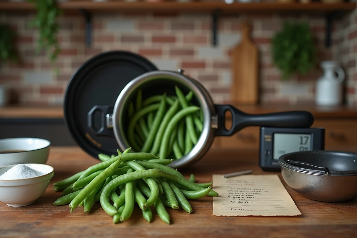 Cocotte-minute ouverte avec haricots verts frais, minuteur et recette manuscrite sur une table en bois rustique