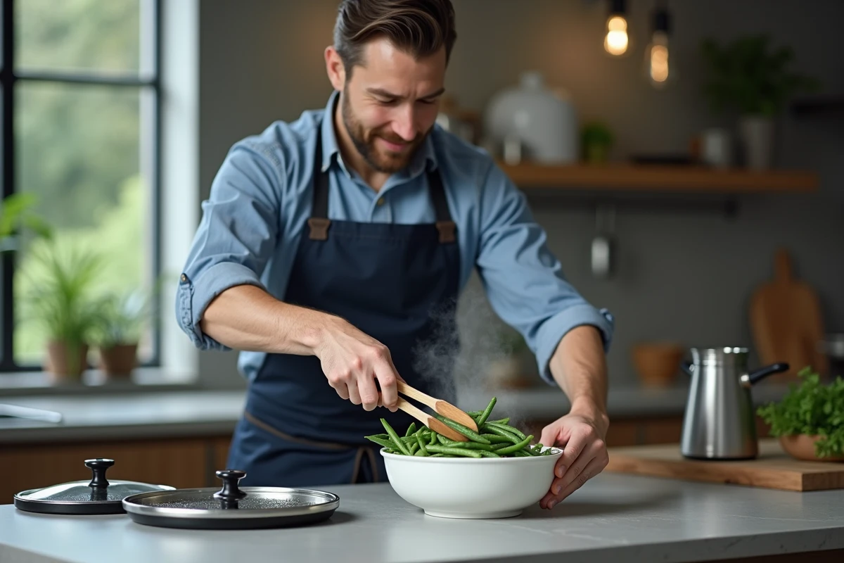 Homme transférant des haricots verts cuits à la vapeur de la cocotte-minute vers un plat de service blanc dans une cuisine contemporaine