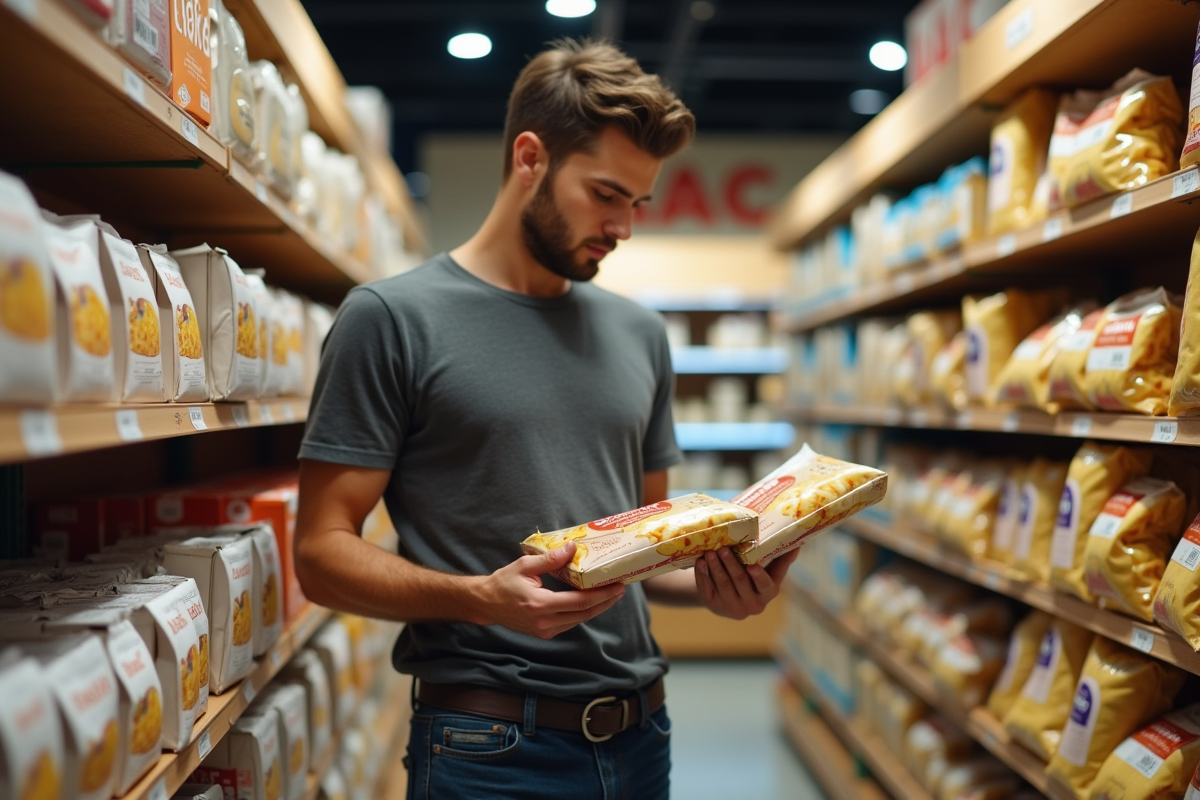 Homme vérifiant emballages de pates keto en magasin