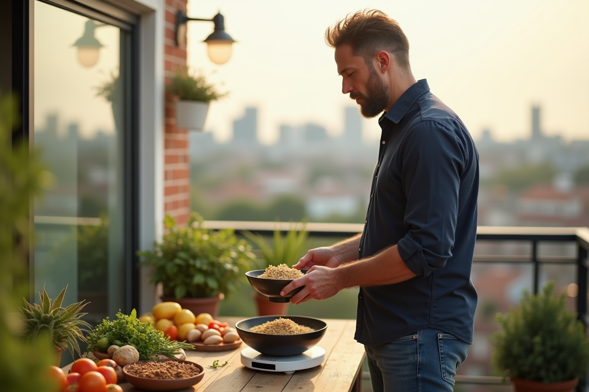 Homme pesant des aliments sains sur un balcon ensoleille