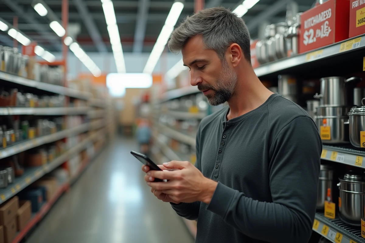Homme comparant les prix d'ustensiles de cuisine sur son smartphone dans le rayon d'une grande surface discount