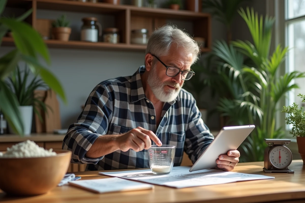 Homme versant un liquide en cuisine avec tablette